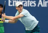 Jannik Sinner of Italy returns ball during 3rd round against Stan Wawrinka of Switzerland at the US Open Championships at Billie Jean King Tennis Center in New York on September 2^ 2023.