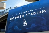 LOS ANGELES^ CALIFORNIA^ 29 JUNE 2021: Closeup of the Welcome sign in the Outfield Plaza of Dodger Stadium.