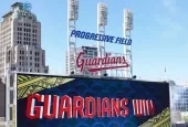 Scoreboard in the outfield at Progressive Field shows the Cleveland Guardians. Cleveland^ OH - June 30^ 2022