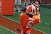 Clemson's DeAndre Hopkins catches a touchdown pass from Tajh Boyd on September 11^ 2010 in Clemson^ South Carolina. Clemson defeated Presbyterian 58-21.