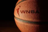 Closeup of a basketball with the WNBA logo and text