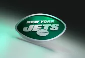 New York Jets logo on dark background with shiny details. 3D render.