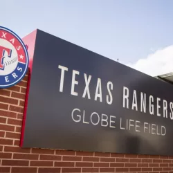 MLB Baseball Texas Rangers' Globe Life Field entrance with flag. Arlington^ TX - March 30^ 2022