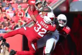 Arizona Cardinals strong safety Budda Baker (32) tries to break up the pass. Nov 10^ 2019; Tampa^ FL USA;