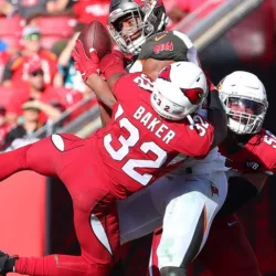 Arizona Cardinals strong safety Budda Baker (32) tries to break up the pass. Nov 10^ 2019; Tampa^ FL USA;