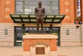 Bob Uecker statue in front of the ticket windows at Miller Park. Milwaukee^ Wisconsin / USA - April 6^ 2019