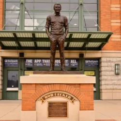 Bob Uecker statue in front of the ticket windows at Miller Park. Milwaukee^ Wisconsin / USA - April 6^ 2019