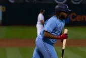 Toronto Blue Jays infielder Vladimir Guerrero Jr. bats against the Oakland Athletics at the Oakland Coliseum. Oakland^ California - July 5^ 2022