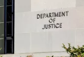 Sign of United States Department of Justice(DOJ) on their headquarters building in Washington^ D.C. USA. Washington D.C.^ USA - March 1^ 2020