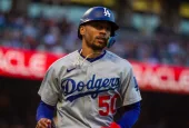 Los Angeles Dodgers outfielder Mookie Betts scores a run against the San Francisco Giants at Oracle Park. August 1^ 2022 - San Francisco