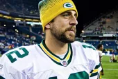 Quarterback Aaron Rodgers walks on Qwest Field after winning a football game August 21^ 2010 in Seattle^ Washington.