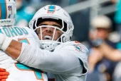 Miami Dolphins CB Jalen Ramsey (5) after an interception against the Los Angeles Chargers during an NFL football game^ Sept. 10^ 2023^ in Inglewood^ Calif.