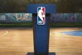 nba blue stand podium with microphone stand standing in the middle of basketball court in city park metro manila