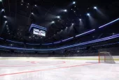 empty ice hockey arena inside playground view illuminated by spotlights^ hockey and skating stadium indoor 3D render illustration background^ my own design