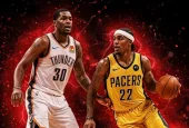 NBA Finals^ basketball players in Thunder and Pacers jerseys^ attacking pose. The scene is enhanced with red sparkling effects that glow as a backlight. The entire composition is set against a black background^ creating a striking contrast.
