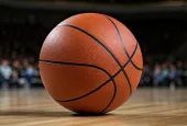 Indoor photo of basketball on the basketball court^ no people^ no brand