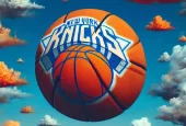 NY KNICKS LOGO on basketball floating in a AI GENERATED photo of clouds. Orange^ white and blue skies. Basketball theme. some clouds in the shape of basketballs^ some regular. New York knicks orange and blue colors