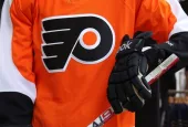 Philadelphia Flyers Uniform on display at NHL store in Midtown Manhattan.