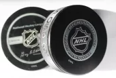 Official game puck from NHL^ National hockey league^ USA. MOTALA^ SWEDEN- 8 FEBRUARY 2022