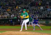 Oakland Athletics pitcher Mason Miller pitches against the Texas Rangers at the Oakland Coliseum. Oakland^ California - September 24^ 2024