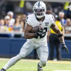 Las Vegas Raiders running back Alexander Mattison #22 runs the ball against the Los Angeles Rams in an NFL football game at SoFi Stadium^ Oct. 20^ 2024^ in Inglewood^ Calif.