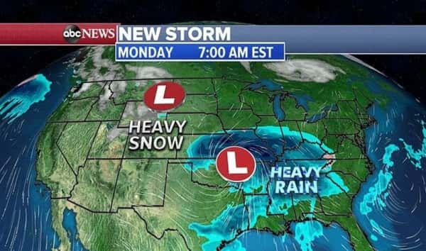 Twin storms moving across US with flooding rain, heavy snow ...