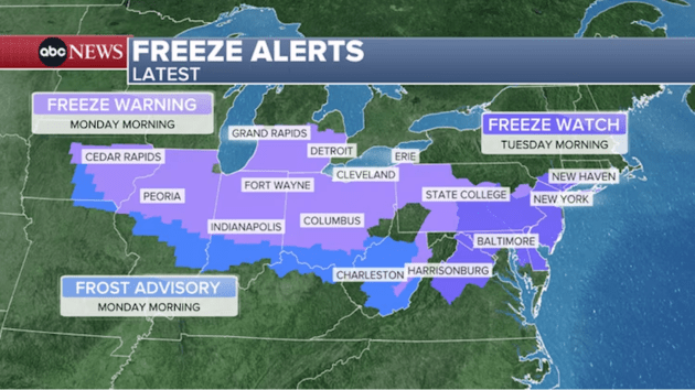 Freeze alerts issued as temperatures plunge in the East after summer ...