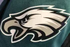 Closeup of the arm/sleeve displaying the official logo on a Philadelphia Eagles jersey