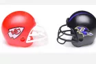 Helmets for the Kansas City Chiefs and Baltimore Ravens^ opponents in the NFL 2024 AFC Conference Championship game