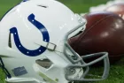 Indianapolis Colts helmet^ football on 9/29/19 at Lucas Oil Stadium in Indianapolis IN.