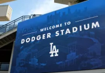 LOS ANGELES^ CALIFORNIA^ 29 JUNE 2021: Closeup of the Welcome sign in the Outfield Plaza of Dodger Stadium.