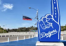 Number 1 hand figure with Go Blue at Dodger Stadium. LOS ANGELES^ CALIFORNIA - 11 FEB 2020