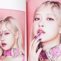 BlackPink BORN PINK 2nd Album photobook featuring member ROSE with x on grey. Pink music CD in player.