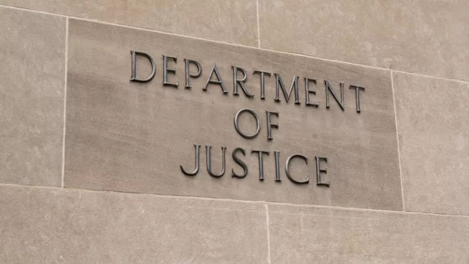 United States Department of Justice sign in Washington^ DC on July 12^ 2017