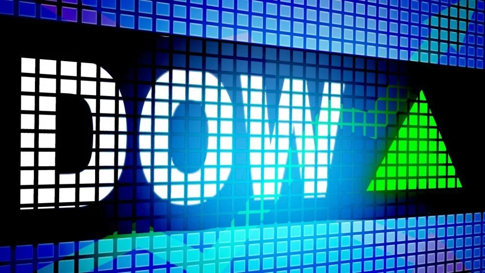 Dow Jones stock with green arrow point up^ 3d rendering