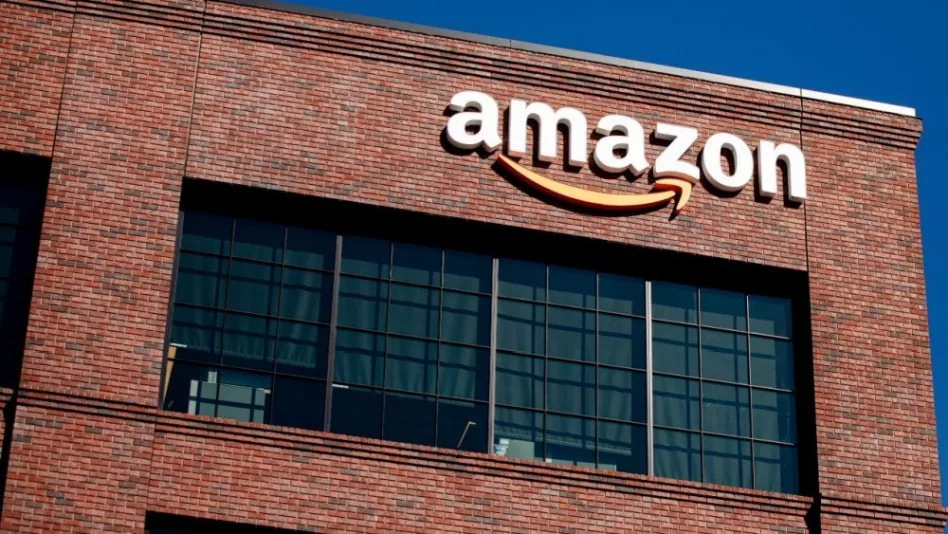 Closeup of Amazon logo on the company office building in East Palo Alto^ Silicon Valley^ San Francisco Bay Area. Amazon sign on brick building wall East Palo Alto^ California US - October 17^ 2024