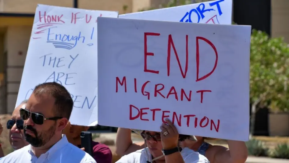People demonstrating against children being held in the Clint^ Texas Border Patrol facility. Conditions there have been described as squalid^ inhumane and abusive. Clint^ Texas / USA - 29 June 2019