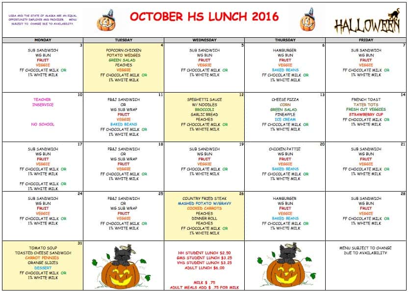 October HS Lunch Menu