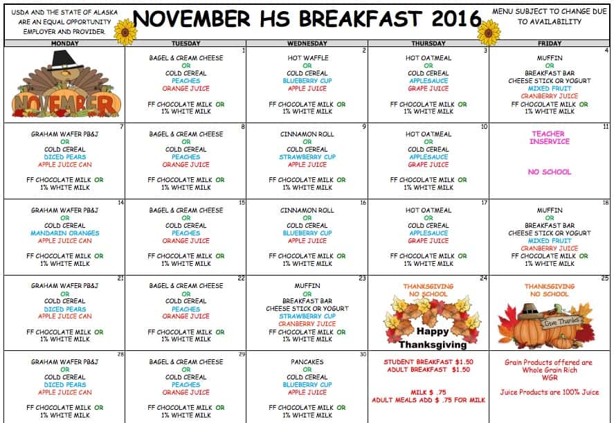 November HS Breakfast Menu