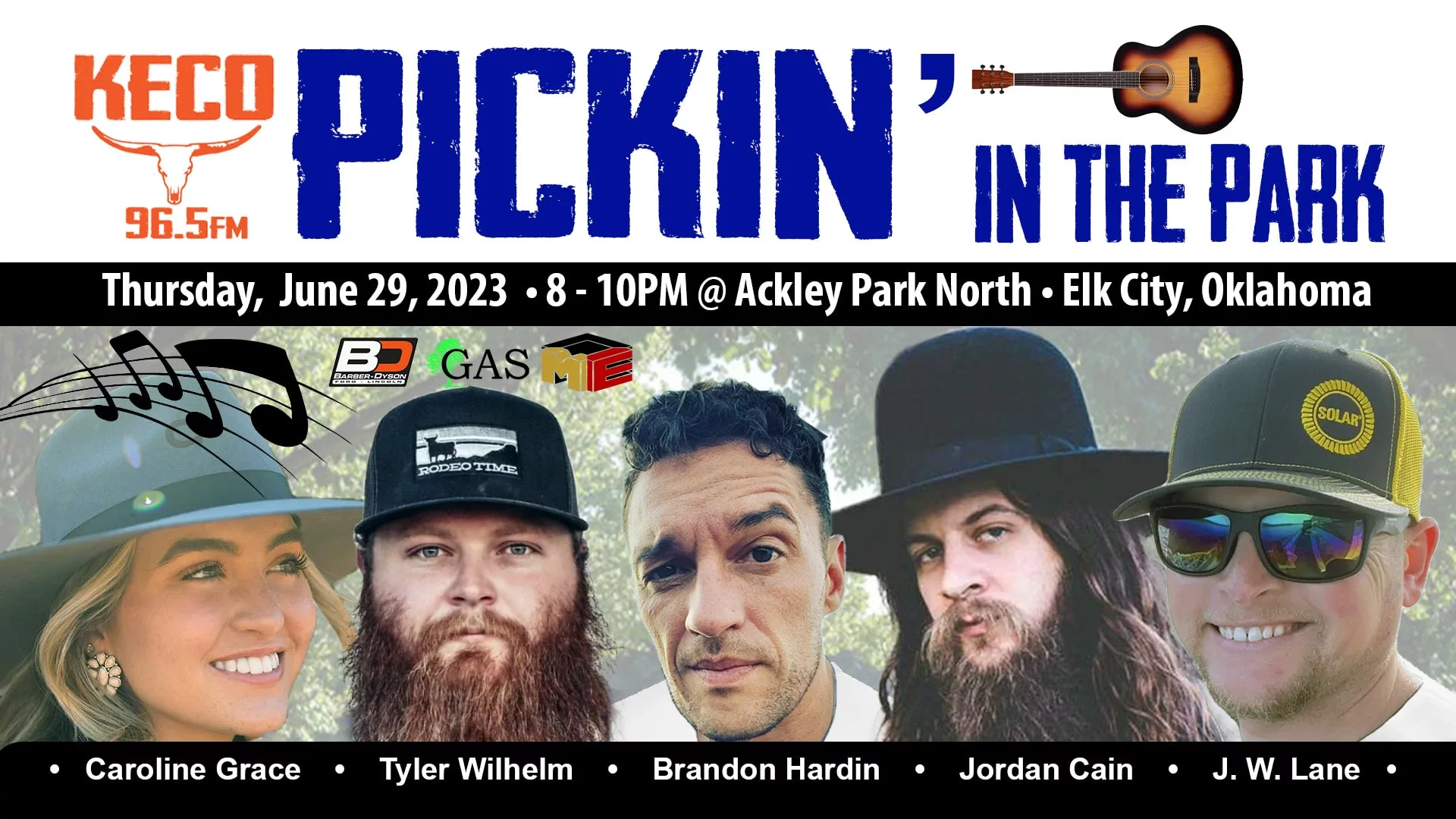 96.5FM KECO Pickin' in the Park - Featured Artists Flyer