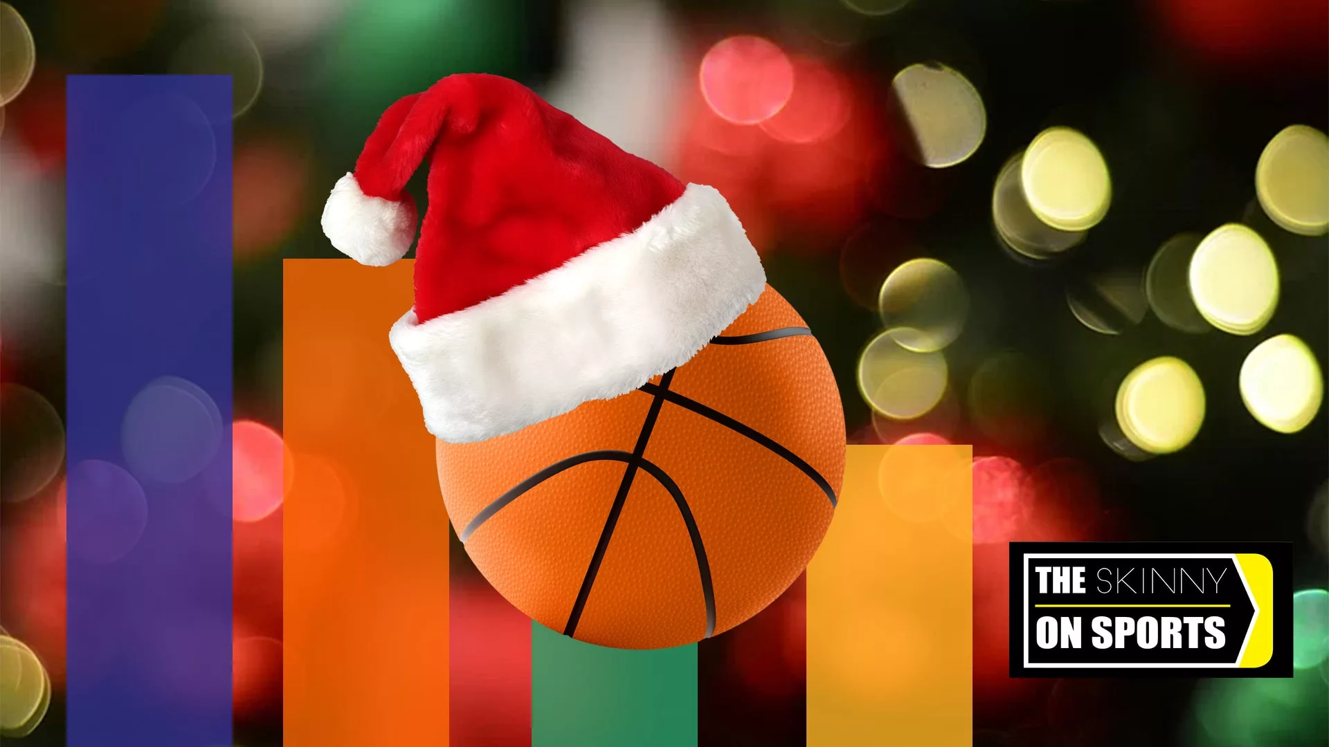 Basketball with Santa Hat Against Colorful Bars, Christmas Lights Background