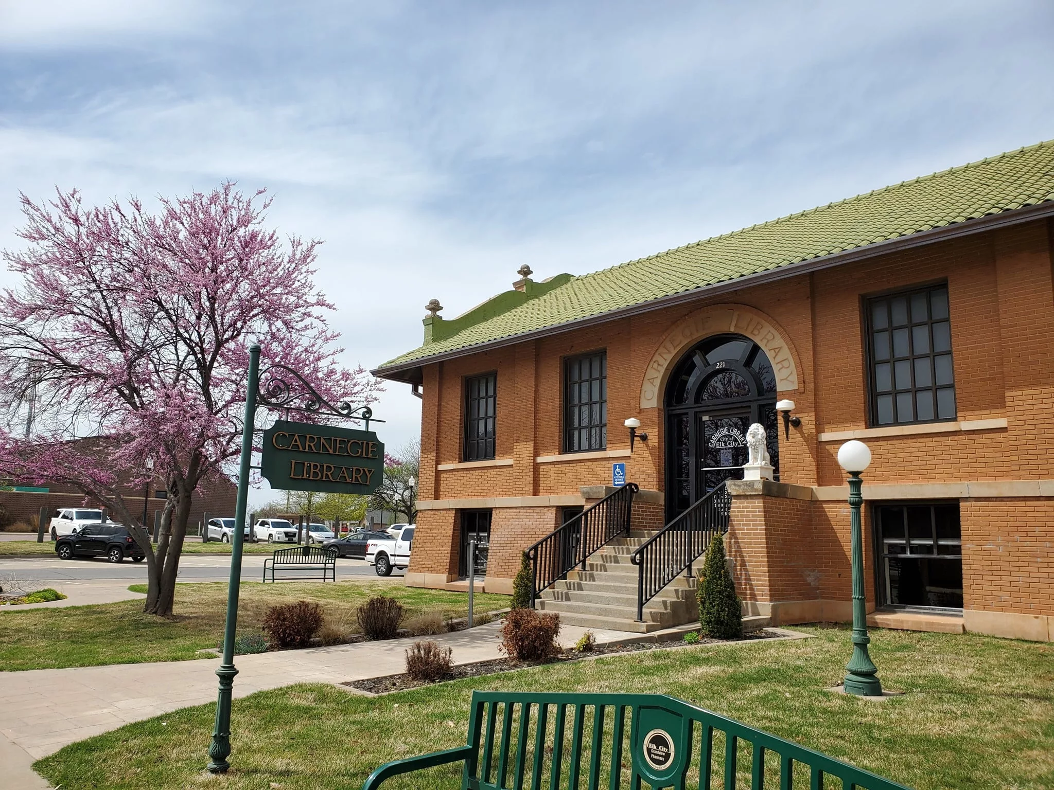 Exterior of Elk City's Carnegie Library on a sunny day.