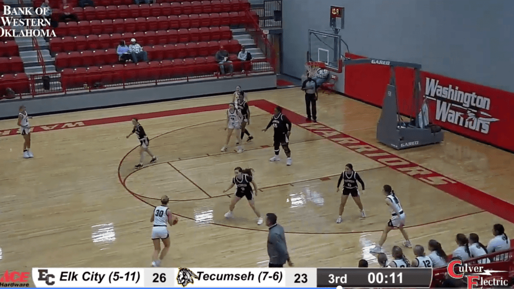 Elk City Elkettes vs Tecumseh basketball game action.