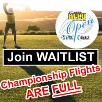 27th Annual KECO Open Logo with Golfer Swinging Club - Championship Flight Waitlist Signup