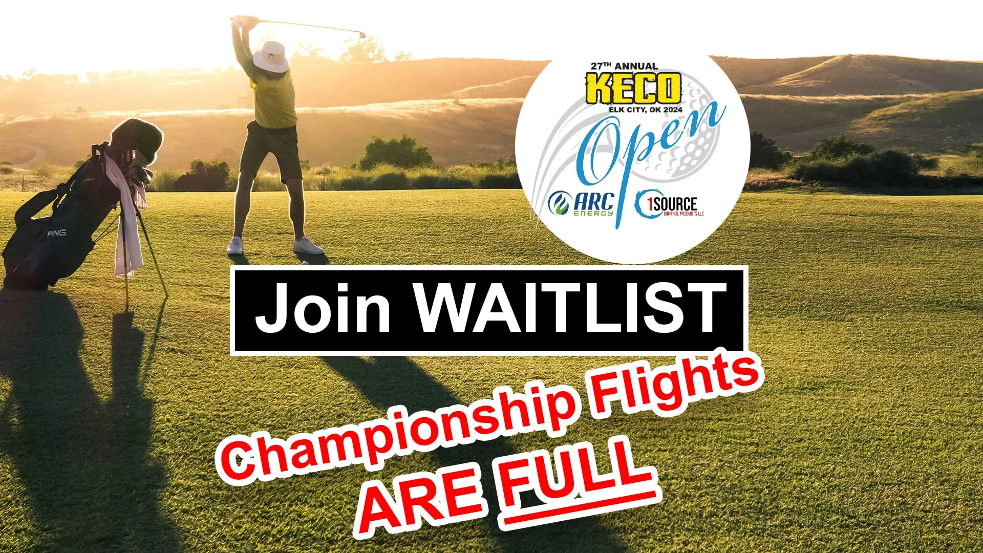 27th Annual KECO Open Logo with Golfer Swinging Club - Championship Flight Waitlist Signup