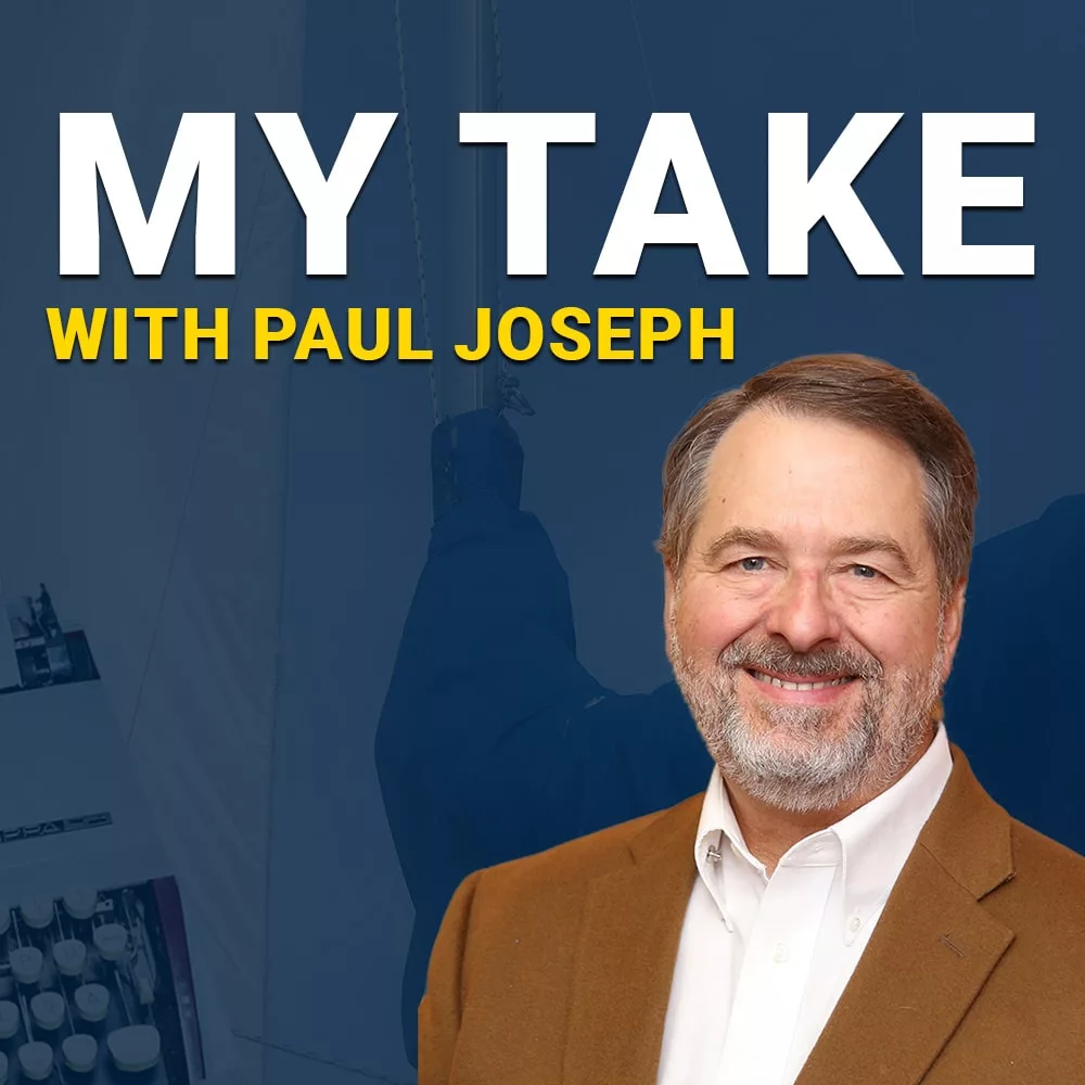 Podcast logo for My Take with Paul Joseph featuring Paul's portrait against a navy blue background with faint images of a sailboat's front view and a typewriter.