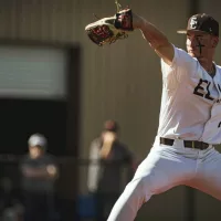 Kash Mayfield mid-pitch during a game for the Elk City Elks baseball team.