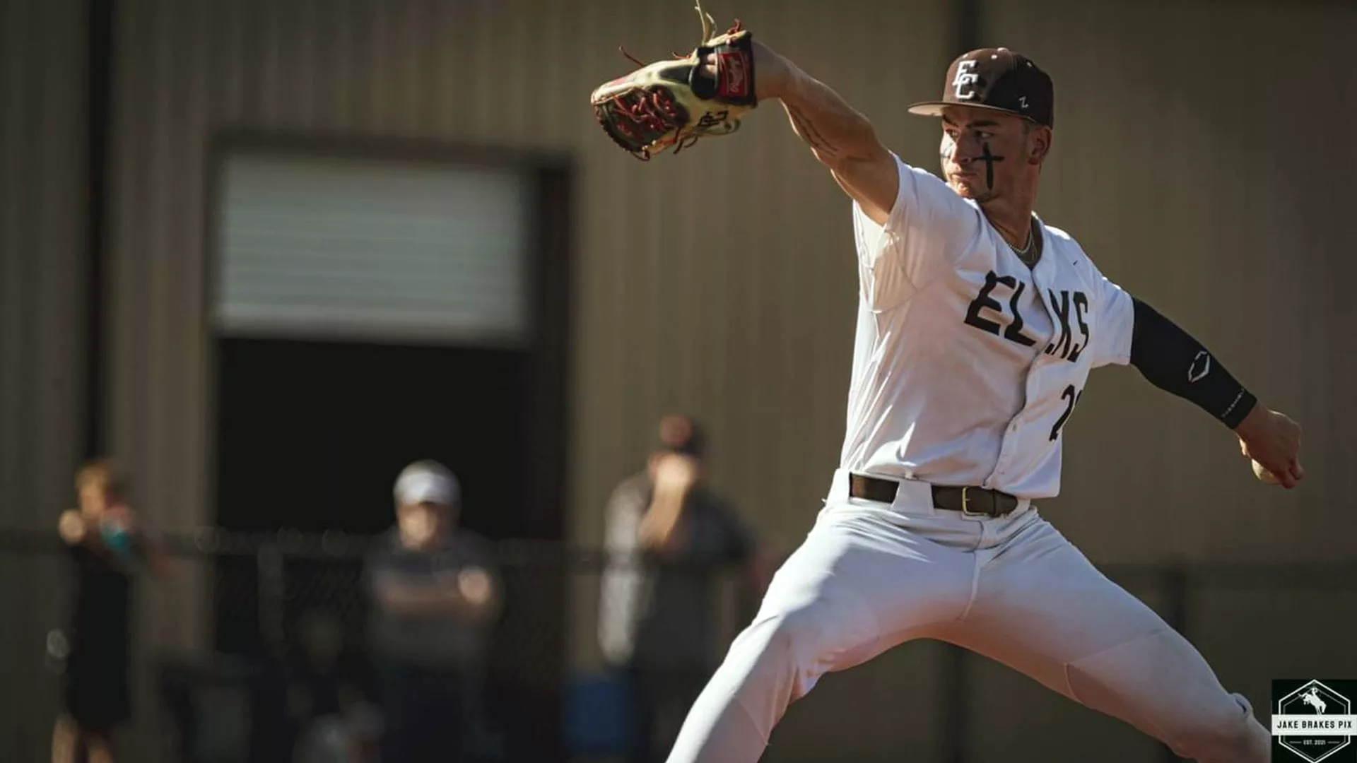 Kash Mayfield mid-pitch during a game for the Elk City Elks baseball team.