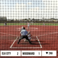 Elk City Elkettes softball team in action against Woodward, securing an 11-1 victory in a District 4A-1 game.