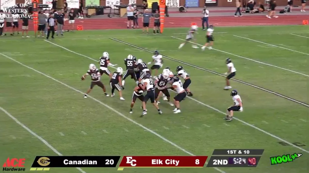 Canadian High School football team in black uniforms playing against Elk City High School in white uniforms during a live broadcast on KOOL 94.3FM.